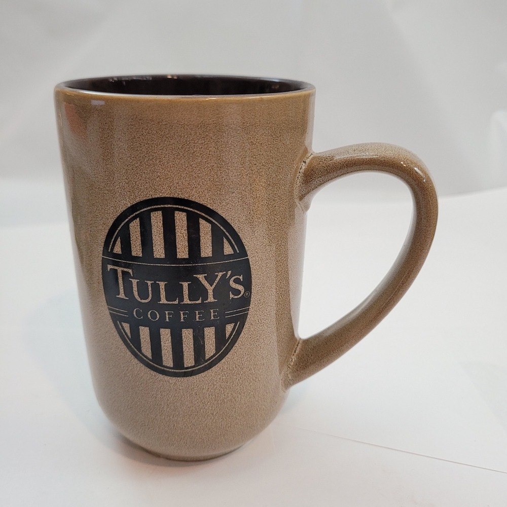 Tully's Coffee Ceramic Mug Tan Brown Speckled Logo Tall Tapered Tea Cup